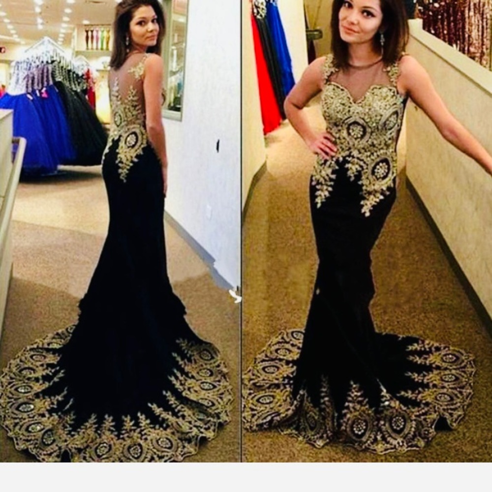 BABY ONLINE Sheer Mesh Applique Mermaid Prom Gown Train 2